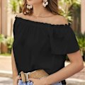 Miniatyrbillede 5 af 5: Sort M Kvinder Off Shoulder Top Casual Plain Farve Kortærmet Fril Trim Løstsiddende Sommer Trøje Bluse