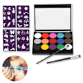 Miniatyrbillede 1 af 5: Body Børne Make-Up Farver, 15 Farver Make-Up Palette 2 pensler + 4 skabeloner Børne Ansigtsmaling Sæt til Børnefester og Karneval Ansigter
