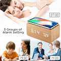 Miniatyrbild 5 av 5: Träväckarklocka med Qi trådlös laddningsplatta kompatibel med iPhone Samsung Trä LED digital klocka Ljudstyrningsfunktion, Tid Datum, Temperatur