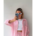 Miniatyrbild 3 av 5: Skrynklig krage för kvinnor, långärmad skjorta, shorts med dragsko med hög midja, moderiktigt casual set i två delar pink M pink m