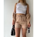 Miniatyrbild 4 av 5: Skrynklig krage för kvinnor, långärmad skjorta, shorts med dragsko med hög midja, moderiktigt casual set i två delar khaki M khaki m