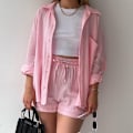 Miniatyrbild 1 av 5: Skrynklig krage för kvinnor, långärmad skjorta, shorts med dragsko med hög midja, moderiktigt casual set i två delar pink XXL pink xxl