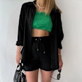 Miniatyrbild 5 av 5: Skrynklig krage för kvinnor, långärmad skjorta, shorts med dragsko med hög midja, moderiktigt casual set i två delar black L black l