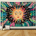 Miniatyrbild 1 av 5: Väggdekor 150 X 130cm Psykedelisk Sol Gobeläng Växter Blad Måne Och Stjärnor Gobeläng Mystisk Fraktal Ansikten Gobeläng Färgglad Mandala Gobeläng