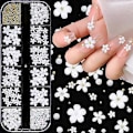 Miniatyrbild 1 av 5: 3D Blomster Nagelkonst Charm, 250 st Vit Blommor Nagel Strass Kit 3D Kristall Nagel Pärlor Platt Design Akryl Nagelkonst Dubbar Manikyr Nagel Tillbehör