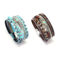 Miniatyrbillede 5 af 5: WABJTAM Dame Læder Manchet Armbånd Fjer Multi Strand Armbånd Wrap Armbånd Turkis Boho Armring Flettet Læder Armbånd Bohemian Smykker Gif