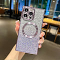 Miniatyrbild 2 av 5: Fyrkantigt iPhone 15 Pro Max-fodral med glitter, magnetiskt, fullständigt kameraskydd, lyxig plätering, söt bling, klart, stötsäkert, tunt mobilfodral (ljuslila)