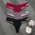 Miniatyrbild 1 av 6: FINETOO 3-pack Dam Trosor i Bomull Spets Tanga Sexiga Enfärgade Låg Midja Bikini Underkläder Damer Andningsbara G-string Underkläder SET 2 M