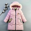 Miniatyrbild 1 av 2: Flickor Vinter Varm Hooded Coat Vadderad Tjock Parka Cotton Jacka Pink 110cm