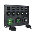 Switch Panel - 5 Switches, Voltmeter, 2 USB Power Outlets Black+Green