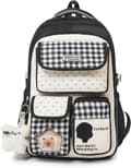 Women's Backpack with Plaid Pattern, Lightweight Everyday Backpack with Transparent Pocket and Decorative Charm, 47x30x18 cm Black