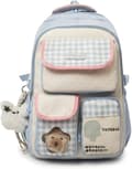 Women's Backpack with Plaid Pattern, Lightweight Everyday Backpack with Transparent Pocket and Decorative Charm, 47x30x18 cm Blue