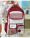Backpack with Plaid and Polka Dot Pattern, Multiple Pockets, Cat Charm, and Spacious Storage for Everyday and Travel Red