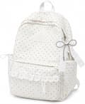 Lace-Adorned Polka Dot Backpack with Bow, Cute Coquette Style Laptop Backpack for School, Work, and Travel White