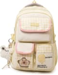 Women's Backpack with Plaid Pattern, Lightweight Everyday Backpack with Transparent Pocket and Decorative Charm, 47x30x18 cm Yellow