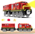 Red Electric Wooden Train Engine with Magnetic Coupling, Train Toy for Kids, Compatible with Brio Tracks