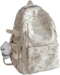 Girls' Backpack with Bear Pattern, Cute Nylon Backpack with Bear Pendant, Spacious Everyday and Travel Backpack 47x32x19 cm Beige