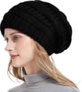 Stickad vintermössa för kvinnor, varm slouchy skidmössa med satinfoder, svart, 52-60 cm