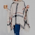 Miniatyrbild 2 av 3: Rutig tröja med turtleneck omlott och sjal lös tröja kappa stickad poncho med tofs för dam