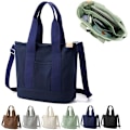 Miniatyrbillede 1 af 6: Multi-Pocket Tote Bag med lynlås, Canvas Håndlavet Håndtaske med rum, Multifunktionel Satchels Taske til kvinder Damer Universitet Skole Arbejde Rejse Dark Blue - Medium