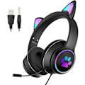 Miniatyrbilde 1 av 5: Kablet LED Katteøre Headset Gaming Headset for Voksne og Tenåringer, Justerbart Polstret Hodebånd, Avtakbar Mikrofon, Støyreduksjon og RGB-lys (Svart, US