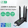 Miniatyrbillede 2 af 5: 1200Mbps WiFi USB-adapter Dual Band 2.4G + 5Ghz Wi-Fi-dongle 4 Antenne 802.11AC USB3.0 Højhastigheds Trådløst Netværkskort