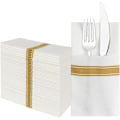 Miniatyrbild 1 av 5: Guld 50-pack Engångsservetter i Tyg - Inbyggd Bestickficka - Bröllopsfest - Vit Linnekänsla - Förvikta Bestickservetter