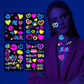 Miniatyrbild 1 av 5: 4 ark neon temporära tatueringar, 80+ skimrande designer lyser UV neon kropps- och ansiktstatueringar, vattentäta smyckestatueringar