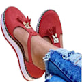 Miniatyrbillede 1 af 5: (Rød US 10.5) Dame Tassel Læder Lukket Tå Platform Sandaler Justerbar Ankelrem Spænde Anti Slip Komfortabel