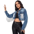 Miniatyrbilde 2 av 5: Dame-frynser, langermet crop denimjakke dark blue S