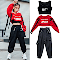 Miniatyrbild 2 av 5: Hiphopkläder för flickor Röda toppar Svarta byxor Casual Street Dance Wear Jazz Performance Kläder Hip Hop Barnkläder BL5301 3pcs 170cm