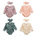 Miniatyrbillede 2 af 4: Nyfødt varm bomuld linned knap flæsede jumpsuit Beige 24M