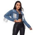 Miniatyrbilde 3 av 5: Dame-frynser, langermet crop denimjakke dark blue S