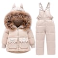 Miniatyrbild 1 av 5: Parka och overall med huva för barn Pojkar Flickor Vinterdunjacka Baby Dinosauriejacka Snödräkt Beige 4T