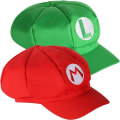 Pikkukuva 1 / 6: Setti, jossa 2 Super Mario -hattua - Mario ja Luigi -lippikset punaisena ja vihreänä, videopelihahmot, retro peliaiheiset hatut