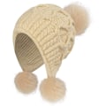 Miniatyrbild 1 av 5: Vintermössa för kvinnor, stickad med tofs, vindtäta öronlappar Beige