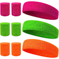Miniatyrbild 1 av 7: 9 st Pannband och handledsskydd set neon 80-tals party svettband kit sport svettband pannband handledsskydd set för barn kvinnor män rolig löpning