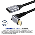 Miniatyrbilde 3 av 5: UC-058-UP-0.5M 90-graders vinklet USB-C USB 3.1 Type-C Hann til Hunn Skjøte Datakabel Aluminium Legering Kobling Flettet Ledning