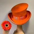 Miniatyrbillede 5 af 5: Asymmetrisk Tophat i Uld - Dame, Herre, Unisex - Steam Punk Hat - Tophat med Modebånd - Dekorativ Hat til Mænd - yu Orange One Size