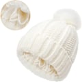 Miniatyrbillede 2 af 6: Strikket vinterhue i uld til kvinder med fast pompon, varmt satinfor, silkeforet hue, hæklet udendørshue - Hvid