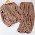 Miniatyrbilde 2 av 4: Tykt Varmt Dame Pyjamas Sett Ensfarget Genser Rund Hals Pyjamas For Jente Dame Kjæreste Mor Khaki One Size