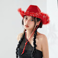 Miniatyrbillede 4 af 7: Cowboyhatte til Kvinder Plysset Fjederkant Cowgirl Hat til Polterabend, Kostumefest, Leg Klæd Dig Ud Red