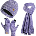 Miniatyrbilde 1 av 7: Vinter Unisex Beanie Hatt, Skjerf og Hansker Sett, Elastisk Strikket Hatt Langt Skjerf Berøringsskjermhansker Med Tykk Fleece Innerfôr for Menn og Kvinner Deep Purple
