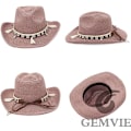 Miniatyrbild 4 av 6: Kvinnors sommarhalm Cowboy Cowgirl Hat Solhattar Bred Brätte Strand Semester Halmhatt med Skalband Pink