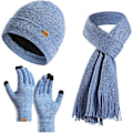 Miniatyrbilde 1 av 7: Vinter Unisex Beanie Hatt, Skjerf og Hansker Sett, Elastisk Strikket Hatt Langt Skjerf Berøringsskjermhansker Med Tykk Fleece Innerfôr for Menn og Kvinner Light Blue