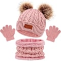 Miniatyrbilde 1 av 6: Vinterlue, skjerf og votter sett for barn 3 i 1, 3 stk strikket varm vinterlue votter halsvarmer for gutter jenter 1-6 år, vintertilbehørsett Pink