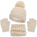 Miniatyrbild 1 av 7: Vintermössa, Halsduk och Vantar Set för Barn, 3-Delar Stickad Varm Crochet Tjock Fluffig Halsduk Pom Pom Mössa Två Fingrar Touch Screen Vantar Set Beige