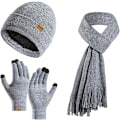 Miniatyrbilde 1 av 7: Vinter Unisex Beanie Hatt, Skjerf og Hansker Sett, Elastisk Strikket Hatt Langt Skjerf Berøringsskjermhansker Med Tykk Fleece Innerfôr for Menn og Kvinner Grey