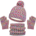 Miniatyrbild 1 av 7: Vintermössa, Halsduk och Vantar Set för Barn, 3-Delar Stickad Varm Crochet Tjock Fluffig Halsduk Pom Pom Mössa Två Fingrar Touch Screen Vantar Set Iridescent