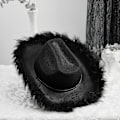 Miniatyrbilde 7 av 8: Cowboyhatter for kvinner med fluffy fjærkant - Cowgirl-hatt for jenter, kostymefest, rollespill Black